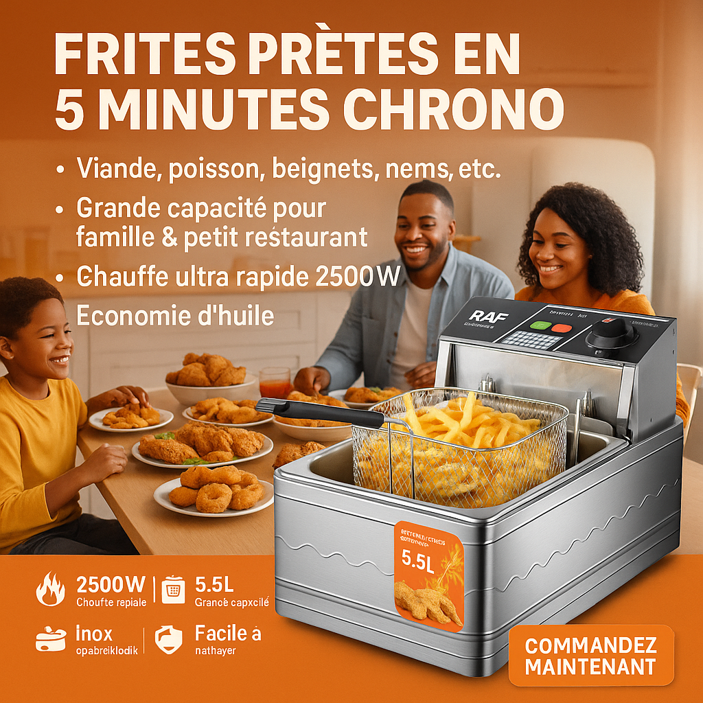 Friteuse Professionnelle  5.5L Le Secret des Frites Parfaites, du Poulet Croustillant et des Plats Rapides Sans Stress.