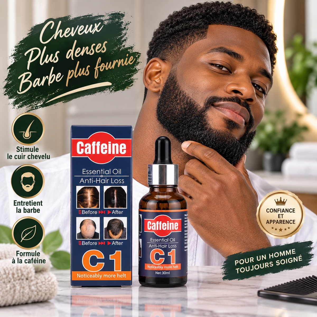 NOUR MEN™  Soin Capillaire & Barbe à la Caféine  Cheveux • Cuir chevelu • Barbe 1 Acheté 1 Offert