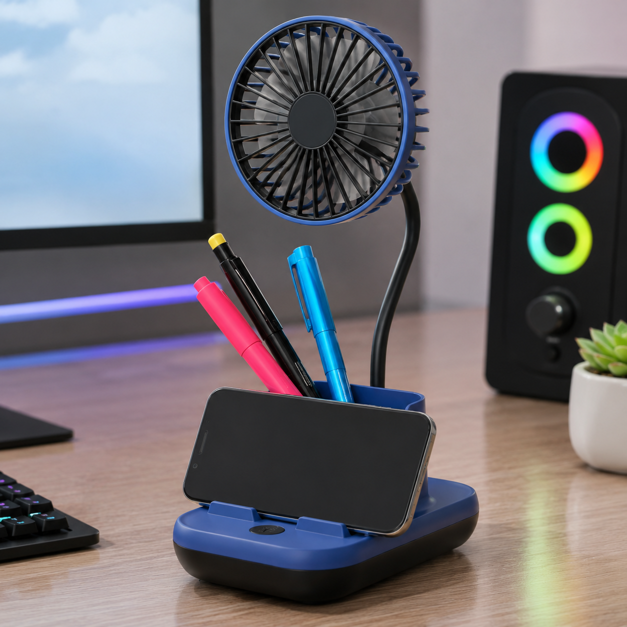 Organiseur de Bureau 3-en-1 avec Ventilateur USB, Support Téléphone et Range-Accessoires Intégré