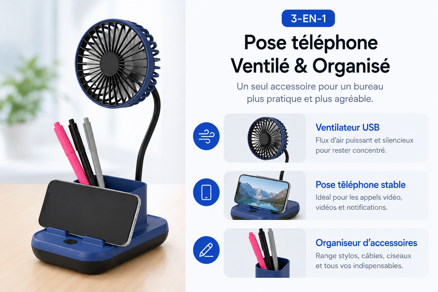 Organiseur de Bureau 3-en-1 avec Ventilateur USB, Support Téléphone et Range-Accessoires Intégré
