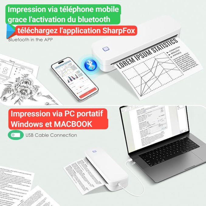 IMPRIMANTE SANS ANCRE A PAPIER THERMIQUE A4 PORTATIFS