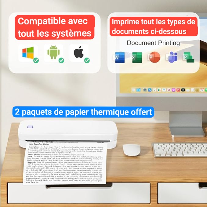 IMPRIMANTE SANS ANCRE A PAPIER THERMIQUE A4 PORTATIFS