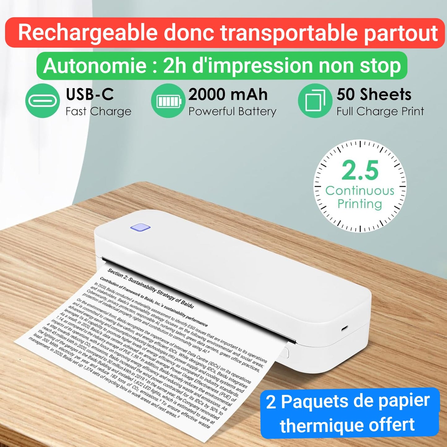 IMPRIMANTE SANS ANCRE A PAPIER THERMIQUE A4 PORTATIFS