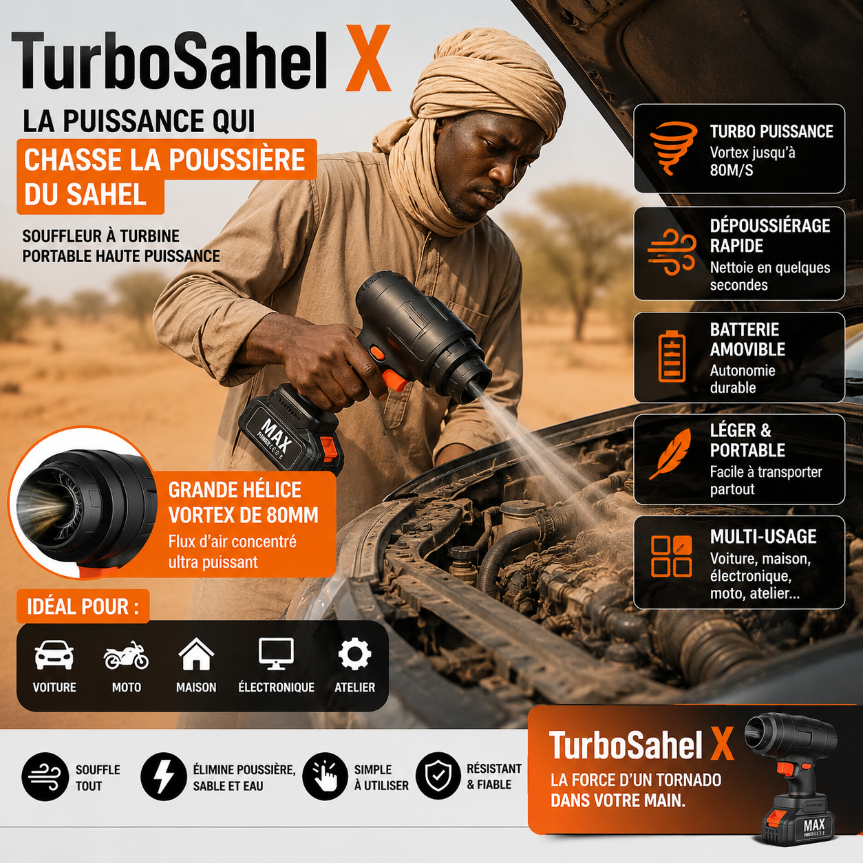 TurboSahel X Pro – Souffleur Turbo Portable Haute Puissance Rechargeable