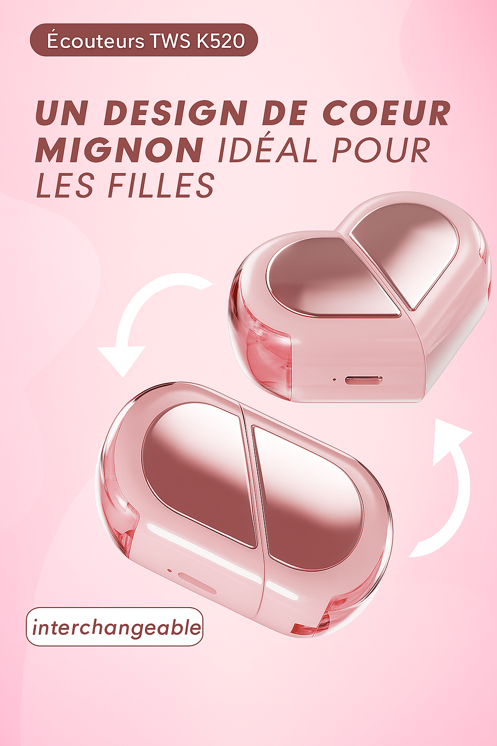 Écouteurs sans fil compacts K520 et tactile  AmourPods 💗