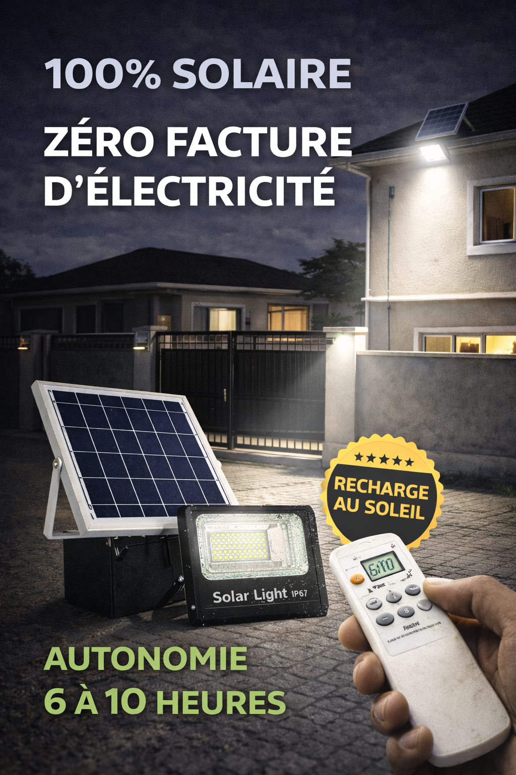 Projecteur solaire LED extérieur avec panneau déporté 200W / STOP COUPURE ELECTRIQUE